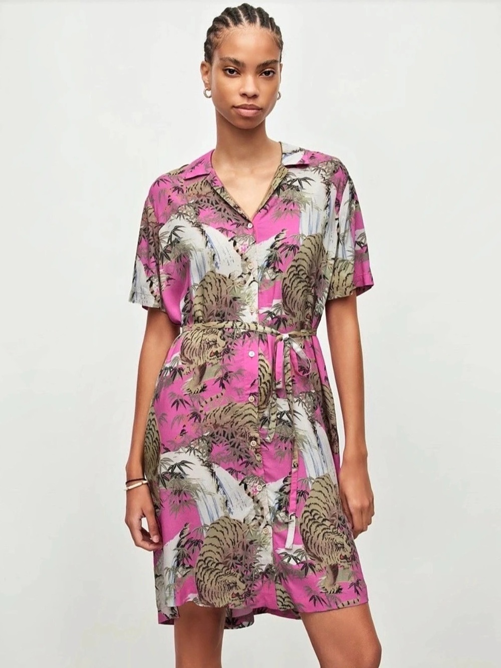 AllSaints Athea Tai Nui Tiger Shirt Dress Pink Printed Mini Dress Size 2